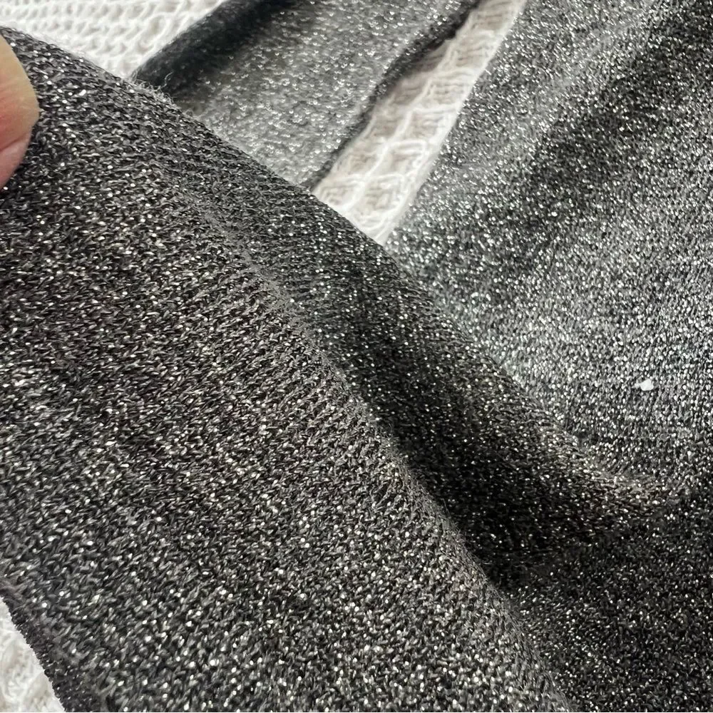 August Silk Shimmering Metallic Silver Knit Cardigan & Turtleneck Twinset SZ L - Picture 11 of 15